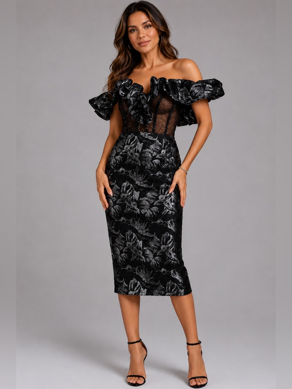Black Metallic Floral Off-the-Shoulder Ruffle Gala Cocktail Dress Size 4